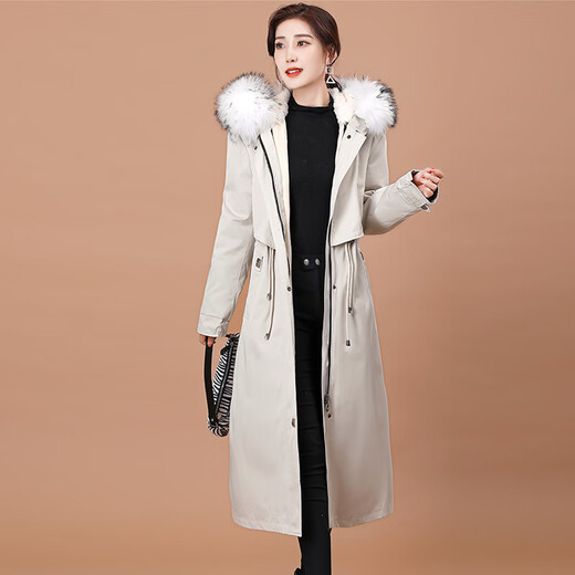 奥豚派克服女大衣长款獭兔毛皮草内胆可拆卸外套MXG2105 米白色  M 