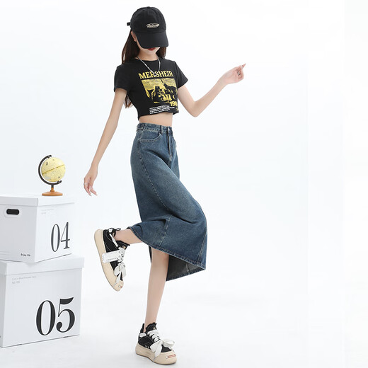 真维斯牛仔半身裙女2025夏季新款高腰显瘦开叉a字中长款复古包臀裙子女 3878白色 XS