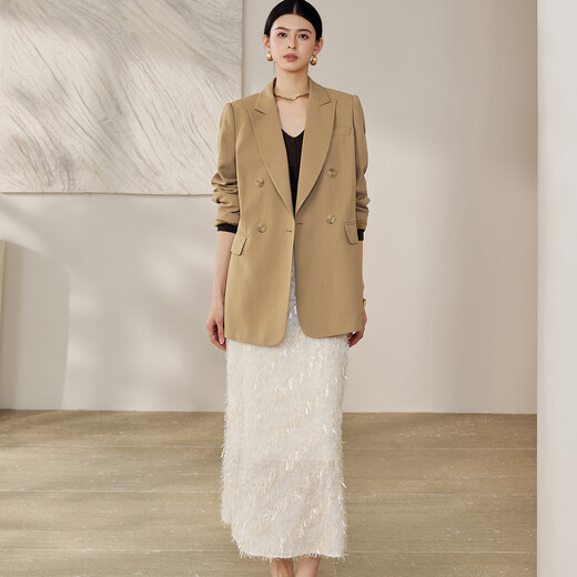 
ROEYSHOUSE high-end and beautiful tassel skirt for women in 2025 autumn new elegant high-waist A-line midi skirt 12604 beige S