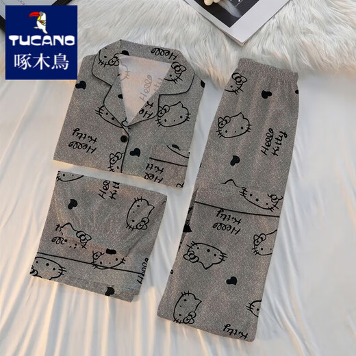 
Woodpecker pajamas for women in summer short-sleeved pure cotton three-piece set cartoon cute shark student home clothes can be worn outside in summer #FS-three-piece set 14128 M [75-95Jin[Jin equals 0.5 kg]]