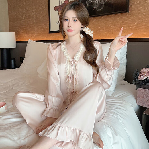 GPHF Pajama de GP japonés para mujeres Seda de seda de hielo Summer pantalones de manga larga encaje francés dulce y lindo juego de ropa para el hogar de alta gama 6622# rosa pantalones cortos de manga corta xl