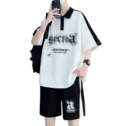 VZVJ青年夏装套装青少年短袖t恤12-15岁胖男孩13初中学生POLO小衫14大 6629白色（短袖+短裤） 品质保1 M 90-110斤左右