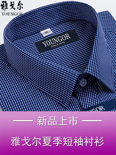 GY雅戈尔男士短袖衬衫夏季纯.棉免烫中年休闲商务职业正装格子衬衣 短袖蓝色DX6630 38