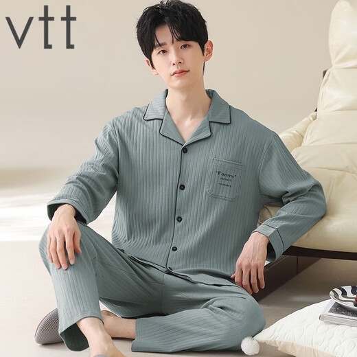 VTT男士睡衣男款春秋款2025新款纯棉长袖秋冬款秋季家居服套装 V长袖套装：OMM12026 坑条 L
