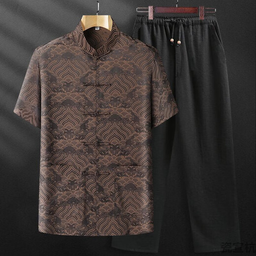 
SMVP Tang suit summer mulberry silk men's suit silk middle-aged and elderly short-sleeved thin shirt cotton dad summer suit grandpa China gray-blue top average size 3890-100Jin [Jin equals 0.5 kg]