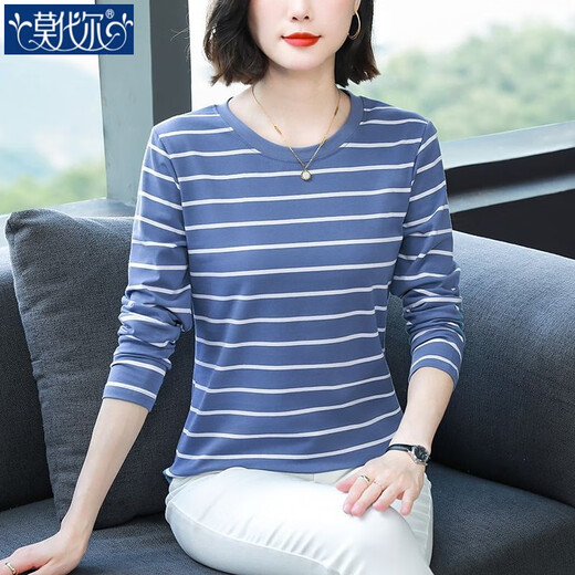 Modal hautfreundlicher langärmeliger T-Shirt für Frauen 2025 Neue Frühlings- und Sommer Lose Oberbekleidung vielseitig gestreiftes oberes Mutter-Basis-Hemd mit mittlerem Alter.