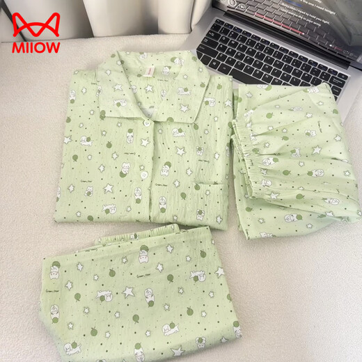 Catman (MiiOW) summer fresh cloud pure cotton yarn pajamas for women in summer short-sleeved student cute cardigan three-piece set home clothes Yunduo Cotton-9905# black love three-piece set M [Suggestion 75-100Jin [Jin equals 0.5 kg]]