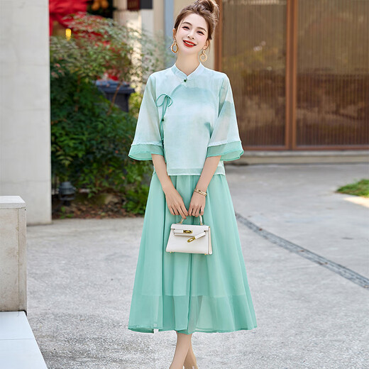 Robe de marque de luxe légère ehangy pour les femmes 2025 Été Nouveau style chinois à la mode et polyvalent robe en deux pièces Green M