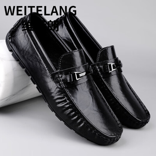 WEITELANG维特朗2025新款男士豆豆鞋软底耐磨透气驾车鞋休闲皮鞋男一脚蹬懒人 MT9921黑色 38