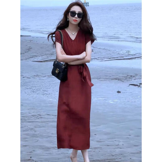 Hengyuanxiang Silk Light Luxury Robe Women's 2025 Été Nouveau style élégant en V Slim Jupe rouge Bourgogne Guangzhou Vêtements féminins de treize rangs / produits européens Europe 2xl