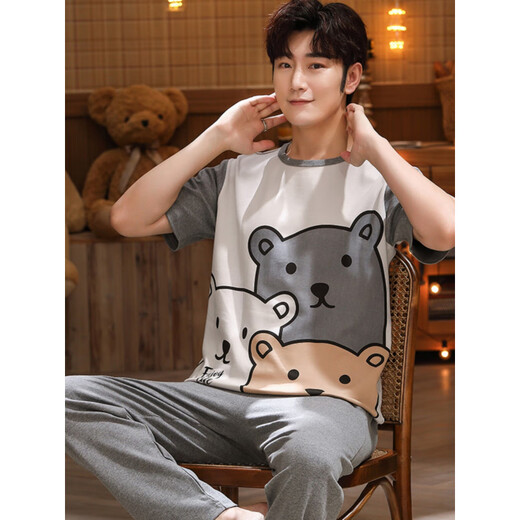 Jin Chong Datong pajamas 12-15 years old men's short-sleeved trousers in summer teenagers 15-16-17 years old junior high school students set bright yellow 3527 gray three-frame short-sleeved trousers 170 Standard version - men's L size 160-170C