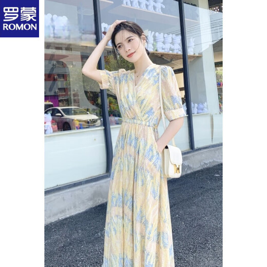 
ROMON (ROMON) 2025 summer new chiffon floral dress with female temperament goddess style skirt with high waist waist slim long skirt color M Suggestions [100-115Jin [Jin equals 0.5 kg]]