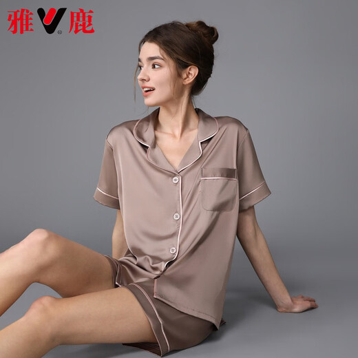 Yalu High-End-Shortsleeved Shorts Pyjamas Seiden neuer Sommer Satin Anzug Dünne Freizeitkleidung 3899 Brown M (Gewicht 85 bis 99)