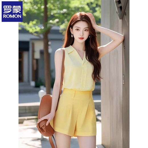Romon High-End Little Dufts Sommeranzug für Frauen mit einem vollständigen Satz fähiger Temperament weiblicher Temperament weiblicher Dopamin C213# [Gelb zwei Teiler] m Vorschläge [100-110]