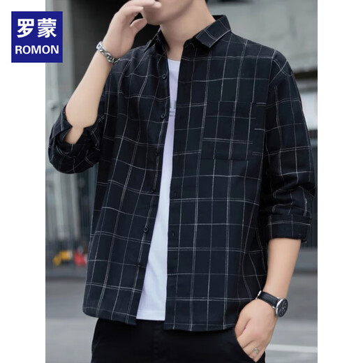 
ROMON American plaid shirt jacket men 2025 spring and autumn trendy long-sleeved men young loose casual versatile clothes K12109 blue M