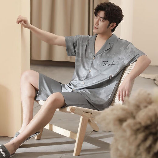 
Langsha pajamas men's ice silk short-sleeved summer thin large-size home clothes can be worn outside in summer cool plaid 2025 new style WR13077 men's L