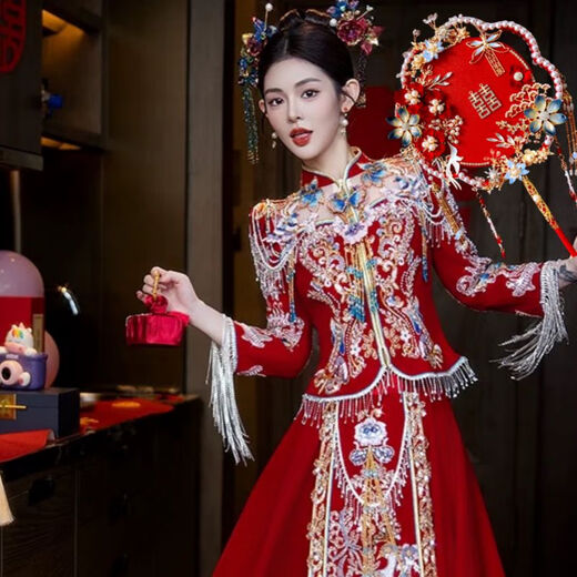 呦依中式双面双圈团扇diy材料包新娘结婚龙凤秀禾服手捧花束 红妆/花材料包+礼盒