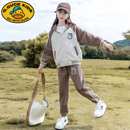 G.DUCKKIDS girls spring and autumn suit 2024 new big children's girls' clothing fashionable sports two-piece set children's girls autumn clothes BQ1396 gray [coat + pants] 140cm