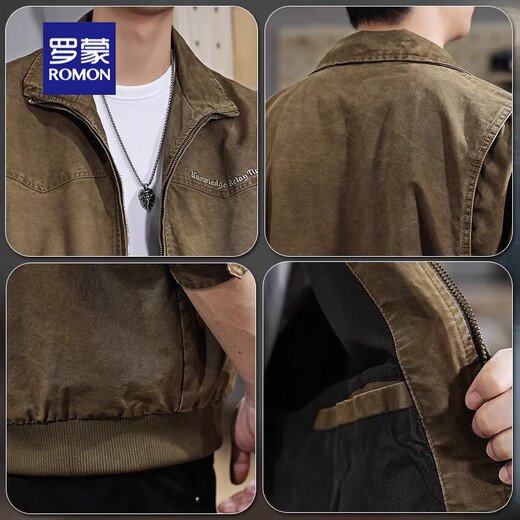 ROMON jacket men's American retro pilot autumn and winter loose trendy handsome casual plus velvet style men's work jacket coffee L (suitable weight 130-145Jin Jin equals 0.5 kg)