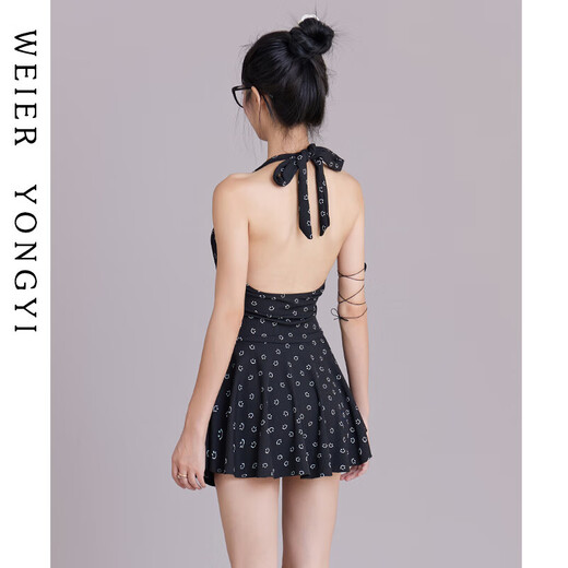 Bo Na Ling Swimsuit Women's 2025 Halter Neck Slim Retro Smiley Print Conservative Swimsuit Seaside Beach Resort Hot Spring Swimsuit One-piece Swimsuit Black One Size 70-120Jin Jin is equal to 0.5 kg
