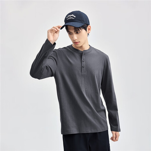 Giordano Henry shirt men's autumn and winter new pure cotton solid color bottoming shirt Henry collar long-sleeved T-shirt men 13025615 66 logo military blue L