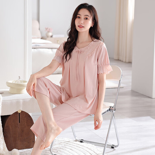 Muji com Undruck Muji Pyjamas für Frauen, Sommer reines Baumwoll kurzärmelige Hosen Dünnes Sommerjahr mit Brustpolster Sommer-Heimkleidung Z695 Weichpulver (mit Brustpolst) M empfohlen 80-105jin [Jin gleich 0,5 kg]