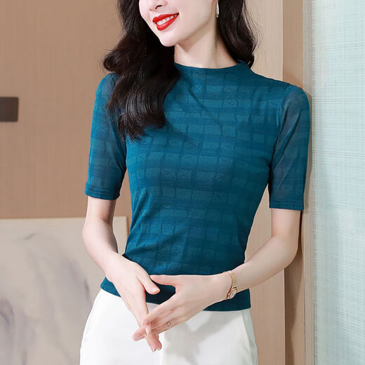 DRYWORLD洋气百搭真丝t恤女大码网纱双层打底衫女装2025新款短袖夏上衣女 花色 【时尚爆款9898图片色】 M