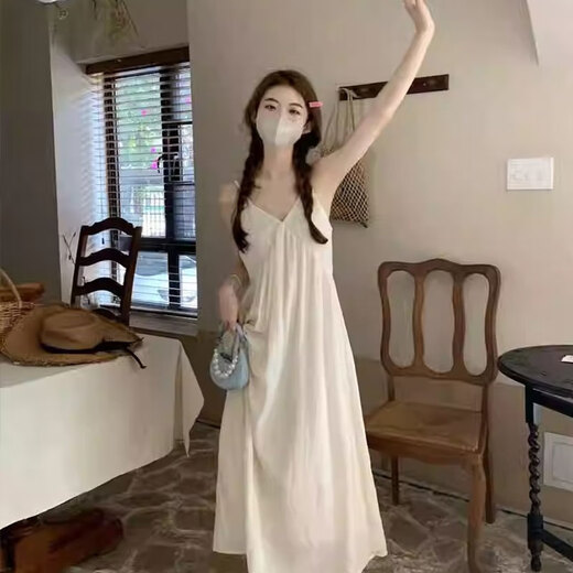 Vestido de suspensión de Na ling para mujeres en verano 2025 Nuevo temperamento blanco puro dulce sin mangas sin cintura larga Vestido de suspensión francesa-Off-blancos L (recomendado 100-120 Jin [Jin iguala 0.5 kg])