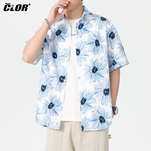 CLOR American ice silk shirt men's spring and summer printed short-sleeved shirt loose jacket CLCX11 Blue Rhyme Flower 2XL