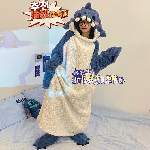 冉艺岚同款大白鹅连体睡衣冬季搞怪鸭子睡袋可爱卡通珊瑚绒情侣睡袍加厚 4839-蓝鲨鱼单袍 M 码70-100斤男女同款