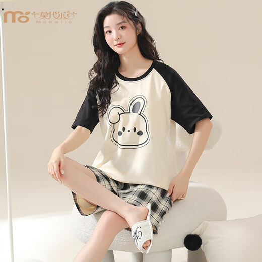 Modal summer short-sleeved plaid pajamas suit fat MM women 200 Jin [Jin equals 0.5 kg] Home clothing Korean version loose and can be worn outside casual cartoon KNC3519 L
