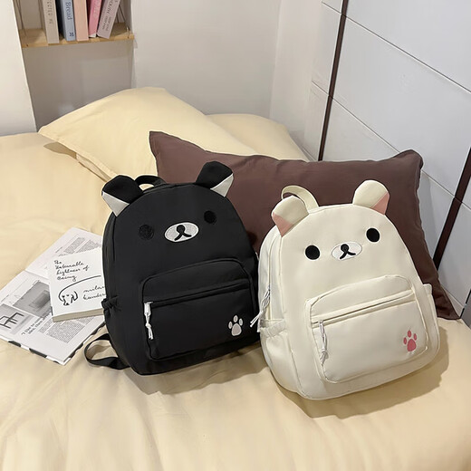 新款日系可爱帆布棕色奶白小熊卡通大容量百搭学生软妹双肩包书包 卡其色