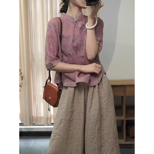 Hengyuanxiang nueva camisa de ramie de estilo chino para mujeres 2025 Summer Nuevo edad de alta gama Reducción de pantalones de pierna ancha Pantalones de dos piezas Pantalones de mujer Pantalones de mujeres/Typants pequeños M Alcance (sugerido 90-115Jin [Jin equivale a 0.5 kg])