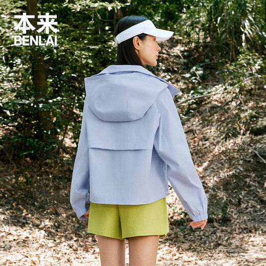本来BENLAI女士户外连帽夹克女工装口袋运动外套 浅紫蓝 S