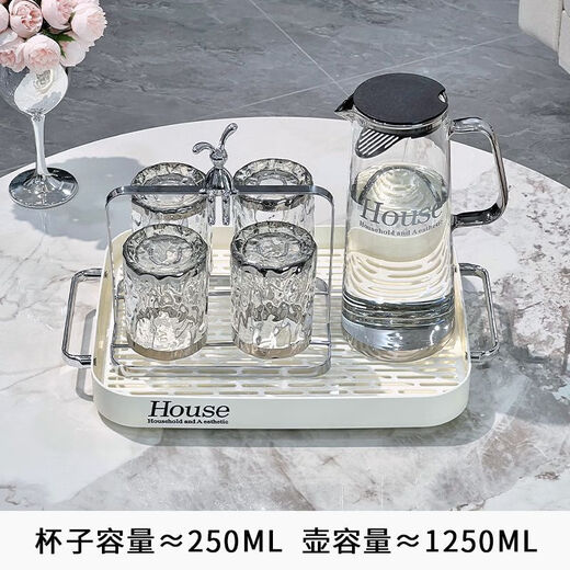 GUIG light luxury cold kettle household water utensil set living room high borosilicate glass cold kettle cup high temperature resistance large capacity light luxury silver-plated water ripple cup - four pieces