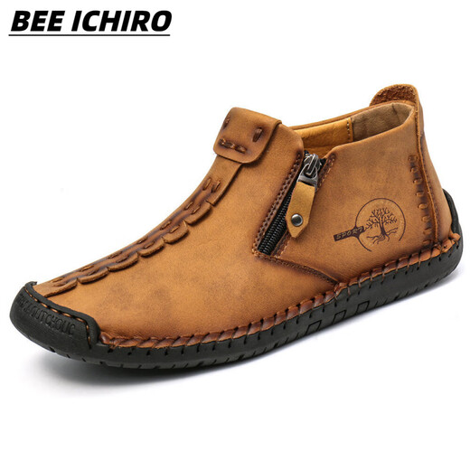 BEE ICHIRO男士休闲皮鞋秋季真皮一脚蹬懒人商务休闲软皮软底豆豆鞋板鞋男鞋 6625卡其 39