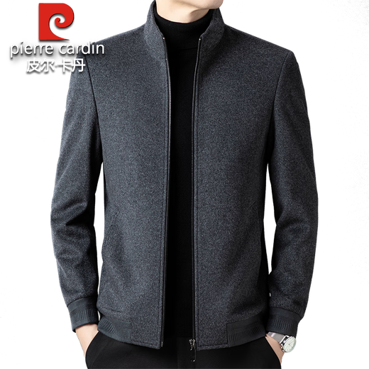 Pierre Cardin 100% Wool Stand Collar Jacket Men's Autumn and Winter New High-end Large Size Stand Collar Woolen Jacket Casual Coat Gray 100% Pure Wool XL 180 Recommended 135-150 Jin Jin equals 0.5 kg