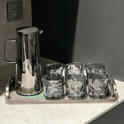 Renowned Nordic Feng Shui set household cold kettle glass living room drinking cup family hospitality tea cup high-end 1 glacier pot + 6 ice pattern cups + tray + cup holder