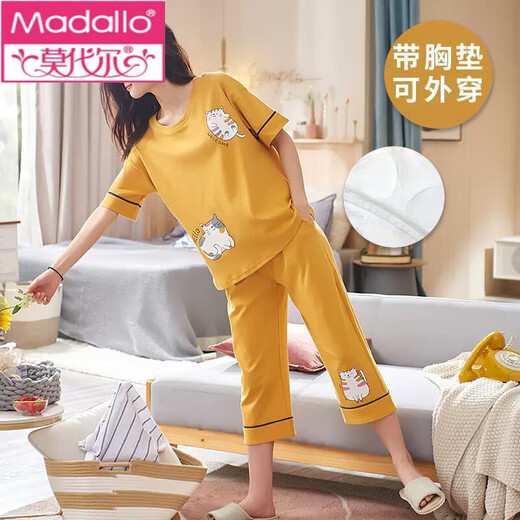 Modal pajamas with chest pad for women for summer cotton short-sleeved cropped pants for outerwear for cotton summer women's home clothes with chest pad: 679 Barbie Bear M women