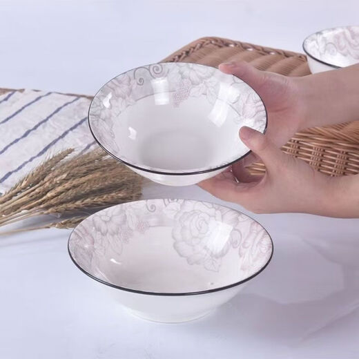 Ceramic soup bowl, large thickened Chinese tableware bowl, rice bowl, rich peony bamboo hat bowl 1 piece (without spoon)