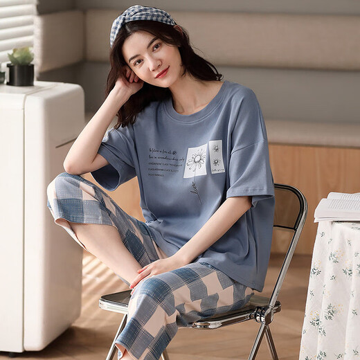 Calculat&Keen（CALCULAT&KEEN）CK2025年新款睡衣女夏季纯 棉短袖两件套夏天条纹家居服 XYZT9885 M 女款建议80-100斤