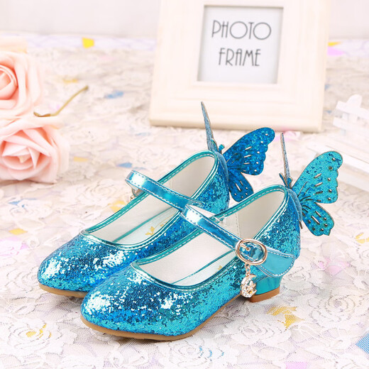 BAOZOUXIE Girls' Single Shoes Butterfly Princess Shoes Children's High-heeled Leather Shoes Little Girls Crystal Shoes Host Dance Performance Blue Size 31 Shoes Inner Length 19.5cm