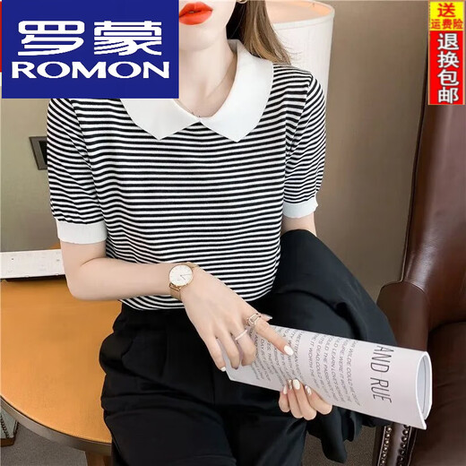 Collar de muñecas a rayas de Romon para mujeres de manga corta de 25 años, suéter de seda de seda de hielo, camiseta delgada pequeña de la edad DX691# amarillo s recomendado 80-100Jin [Jin iguala 0.5 kg]