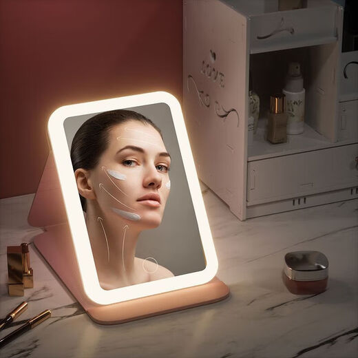 Color-changing LED portable makeup mirror with light, foldable Internet celebrity female super long battery life supplementary light travel mirror ins style vanity mirror LED three-color light CK44 Snowflake-white CK45 4K mirror without light model