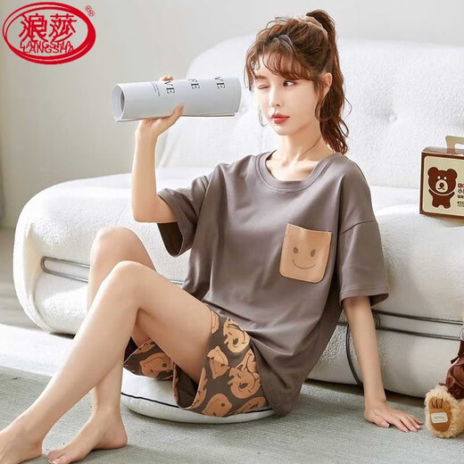 浪莎（LangSha）睡衣女夏季纯色棉薄款可爱韩版学生短袖两件套装春秋宽松夏天家居 GXT6630 M 码（建议75-95斤b