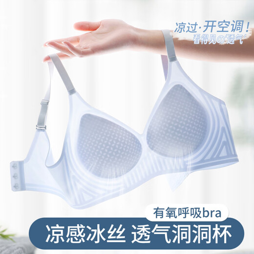 浪莎（LangSha）无痕内衣女夏季薄款冰丝凉感透气无钢圈聚拢裸感文胸罩 天空蓝 L 建议105-120斤