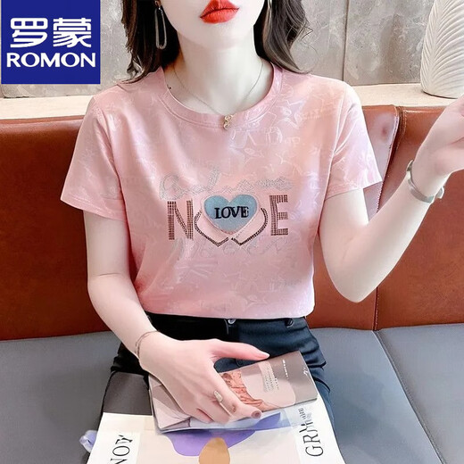 罗蒙（ROMON）夏季冰丝纯棉短袖上衣25新款新款T恤女装洋气宽松正肩刺绣上衣衬 6227粉红色 M (建议95斤到105斤)