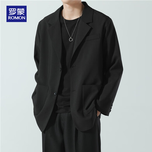 ROMON suit men's spring and autumn trendy loose lapel business single suit casual small suit jacket black XL