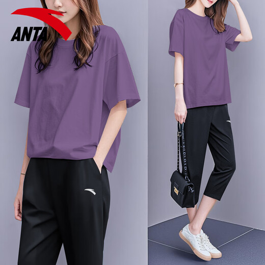 Anta short-sleeved suit for women in summer loose slim half-sleeved T-shirt for women casual two-piece set fashionable sports suit - 6 basic black [same style for men and women] M/170 [Girls recommend taking a small size]