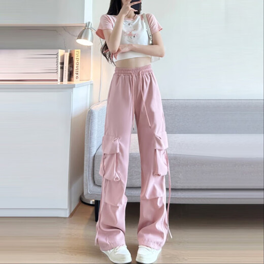 粉色工装裤女夏季薄2025新款高腰垂感降落伞速干休闲阔腿美式运动 蚂蚁-687【黑色】 3XL